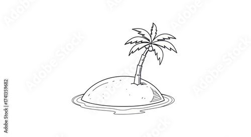 Hand-drawn sketch of a solitary palm tree on a small island in the ocean.