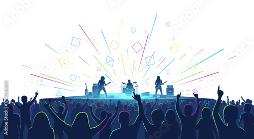 Rock Band Performing Live on Stage with Cheering Crowd and Colorful Light Effects.
