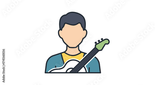 Stylized illustration of a person holding a guitar.
