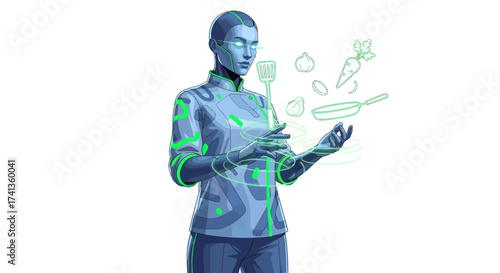 Futuristic Chef Holding Spatula with Holographic Cooking Elements.