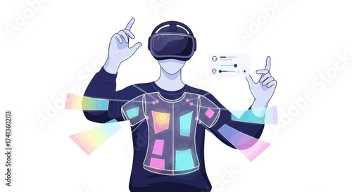 Person Wearing VR Headset Interacting with Digital Interface.