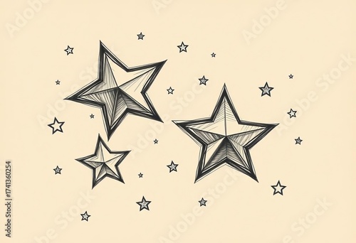 Whimsical, unevenly sized stars sketched in charcoal, on textured paper,  scribble,  galaxy