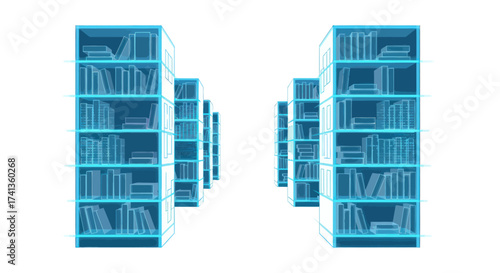 Rows of glowing blue digital bookshelves filled with virtual books.
