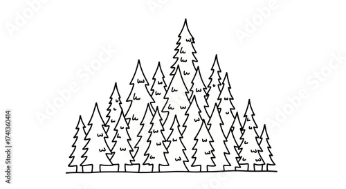 Stylized Black and White Illustration of a Dense Forest of Pine Trees.