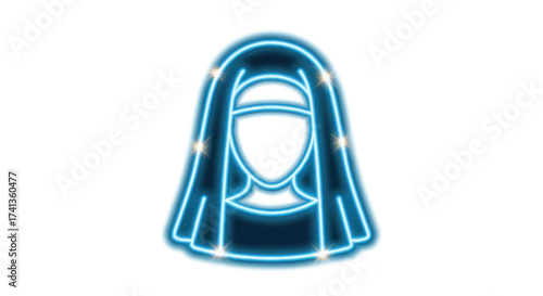Glowing Blue Neon Icon of a Woman with Head Covering.