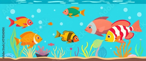Stylized flat vector illustration of colorful fish swimming in a minimalist aquarium,  glass,  happy