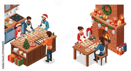 Festive families baking and decorating delicious Christmas cookies together, spreading holiday cheer and creating joyful memories this season indoors by fireplace