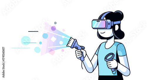 Cartoon Woman Experiencing Virtual Reality with Headset and Controller.