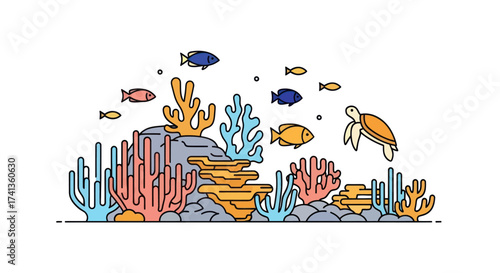 Colorful underwater coral reef ecosystem with fish and sea turtle illustration.