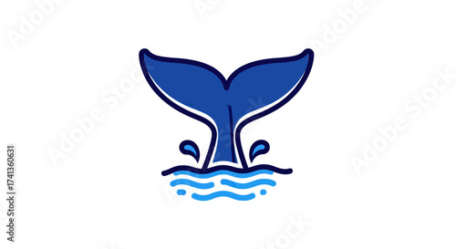 Blue Whale Tail Emerging from Water Graphic Illustration.