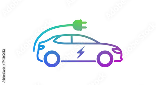 Sleek electric car silhouette with charging cable and lightning bolt symbol.