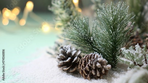 Christmas Corner with Fresh Pine Branches: Detailed Needles, Frosted/Natural Pine Cones, Warm Fairy Lights, Soft Mint Green Matte Background