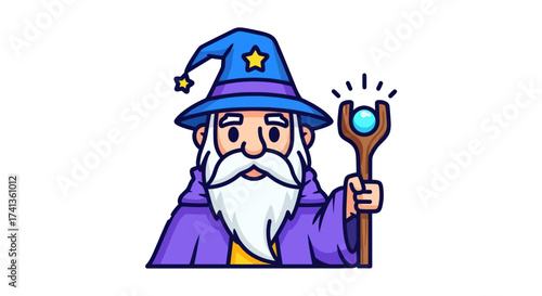 Cartoon Wizard with Magical Staff and Star-Adorned Hat.