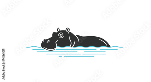 Dark Silhouette of a Hippopotamus Swimming in Water Minimalist Illustration.