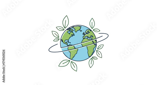 Earth Globe Surrounded by Leaves and Orbit Line Representing Ecology and Environmental Awareness.