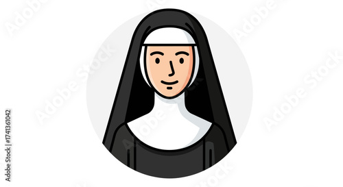 Cartoon illustration of a nun wearing traditional black habit and white coif.
