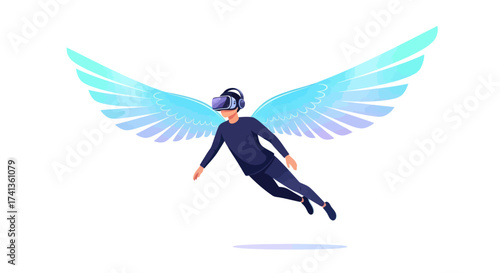 Person Wearing VR Headset with Angelic Wings Flying.