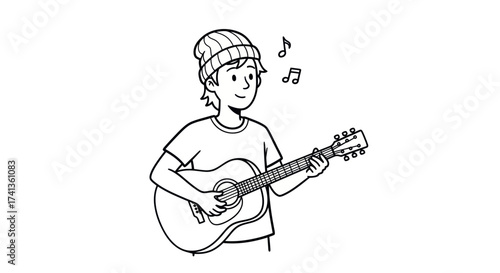 Cartoon illustration of a young person playing acoustic guitar wearing a beanie and smiling.