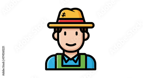 Cartoon Farmer with Straw Hat and Overalls Illustration.