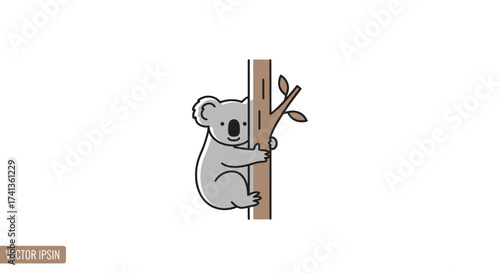 Cute Koala Clinging to a Tree Branch Cartoon Style.