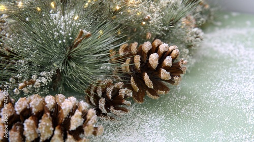 Christmas Corner with Fresh Pine Branches: Detailed Needles, Frosted/Natural Pine Cones, Warm Fairy Lights, Soft Mint Green Matte Background