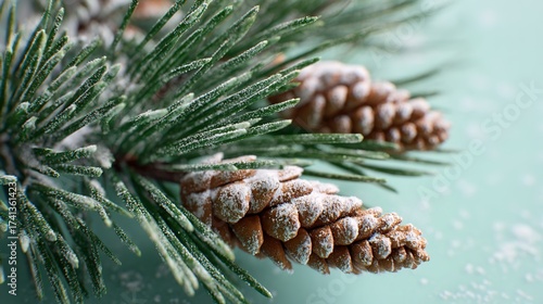 Christmas Corner with Fresh Pine Branches: Detailed Needles, Frosted/Natural Pine Cones, Warm Fairy Lights, Soft Mint Green Matte Background