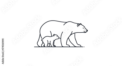 Minimalist Line Art Illustration of Polar Bear and Cub.