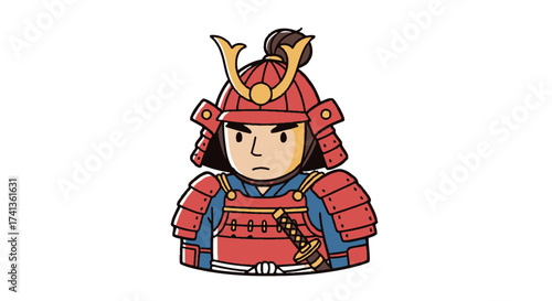 Cartoon Samurai Warrior with Red Armor and Sword Illustration.