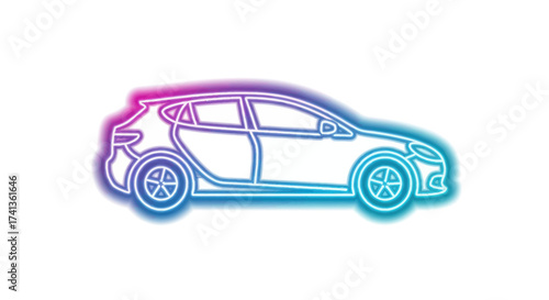 Neon Outline of a Modern Hatchback Car Design.