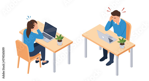 Stressed employees facing burnout at modern desks with laptops, struggling with deadlines and work overload in an isolated office environment