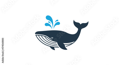 Stylized Dark Blue Whale Spouting Water from Blowhole.