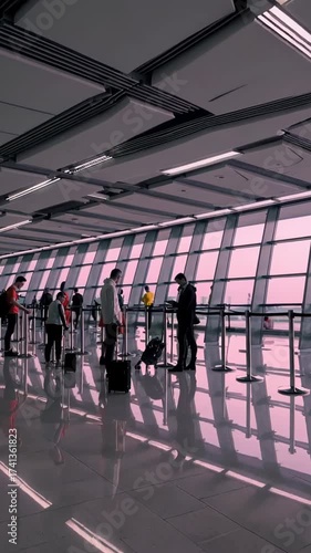 Passengers queueing in a modern airport terminal with luggage, waiting for a flight or checking in with strong sunlight casting reflections on the polished floor