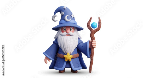 Cartoon Wizard with Blue Robes Hat and Magic Staff.