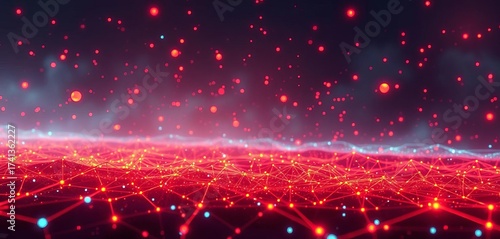 Abstract digital battlefield with glowing nodes and lines, server, firewall