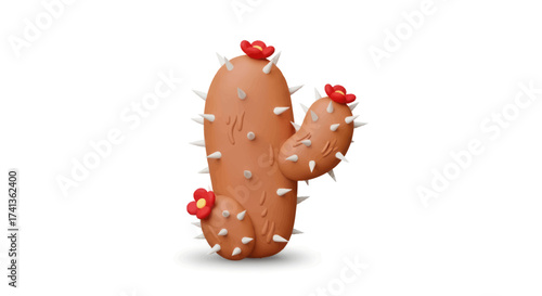 Stylized Cactus with Red Flowers and White Spines on White Background.