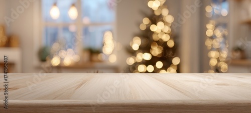 The wooden table set against a festive Christmas backdrop with twinkling lights.