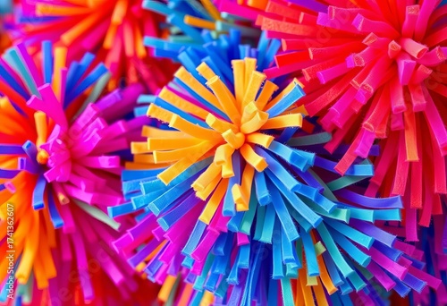 Close-up of vibrant, fluffy cheerleading pom-poms,  athletic, pom poms