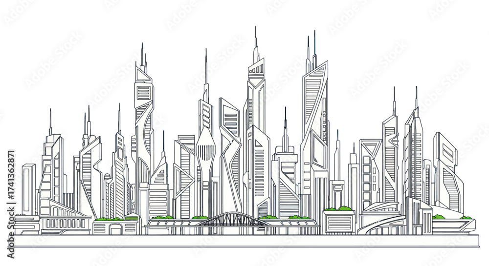 Obraz premium Futuristic City Skyline Line Art Drawing with Modern Tall Buildings.