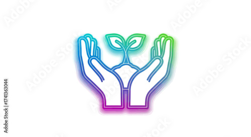 Hands cradling a vibrant green seedling with colorful neon outline.