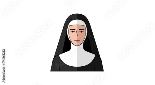Cartoon Illustration of a Nun with Black Habit and White Wimple.