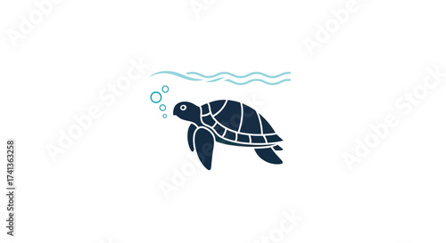 Stylized Dark Blue Sea Turtle Swimming Underwater with Bubbles.