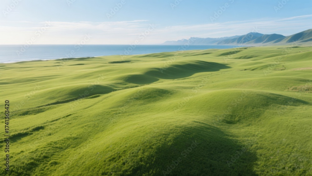 Fototapeta premium Green grassy hills by the sea
