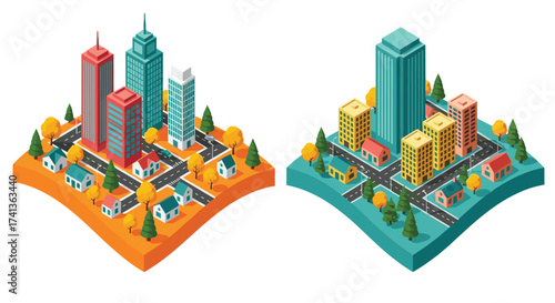 Isometric cityscape design showcases urban planning with colorful buildings and lush trees, perfect for city simulations and real estate visualizations