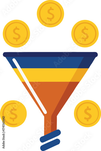 Money Funnel Icon with Flowing Gold Coins and Dollar Signs vector illustration