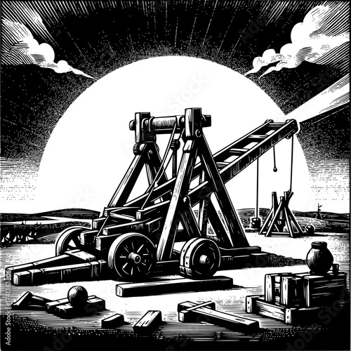 Catapult and its Equipment: An illustration showcases a detailed medieval catapult poised against a dramatic sky, with a clear view of its ammunition and supporting equipment.