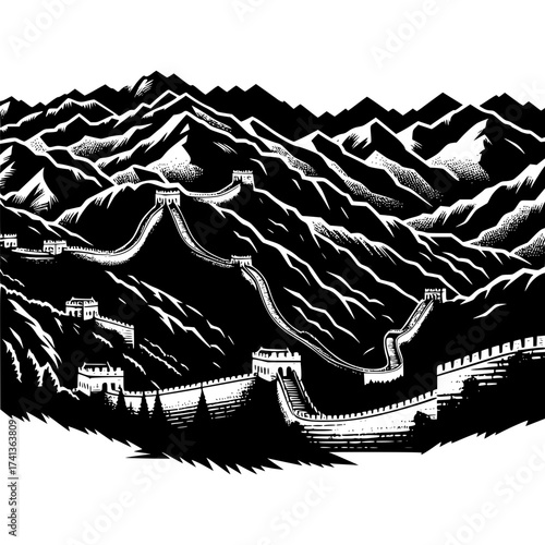 Majestic Wall: A striking black-and-white illustration showcases the iconic architectural wonder winding its way across a mountainous landscape, a testament to history and human ingenuity.