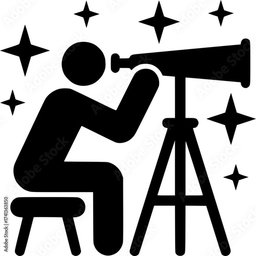 Stargazer's Pursuit: Silhouette of a person deeply engrossed in stargazing, observing the celestial canvas through a telescope, under a shimmering canopy of stars.