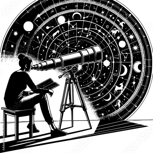 Stargazing with Telescope:  An observing enthusiast uses a telescope to gaze at celestial wonders. It evokes a sense of wonder and curiosity, a blend of art, and science. 