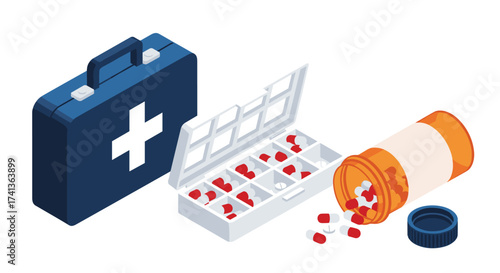 First aid kit beside an open pill organizer and spilled prescription medication bottle, offering a sense of safety and preparedness for medical needs
