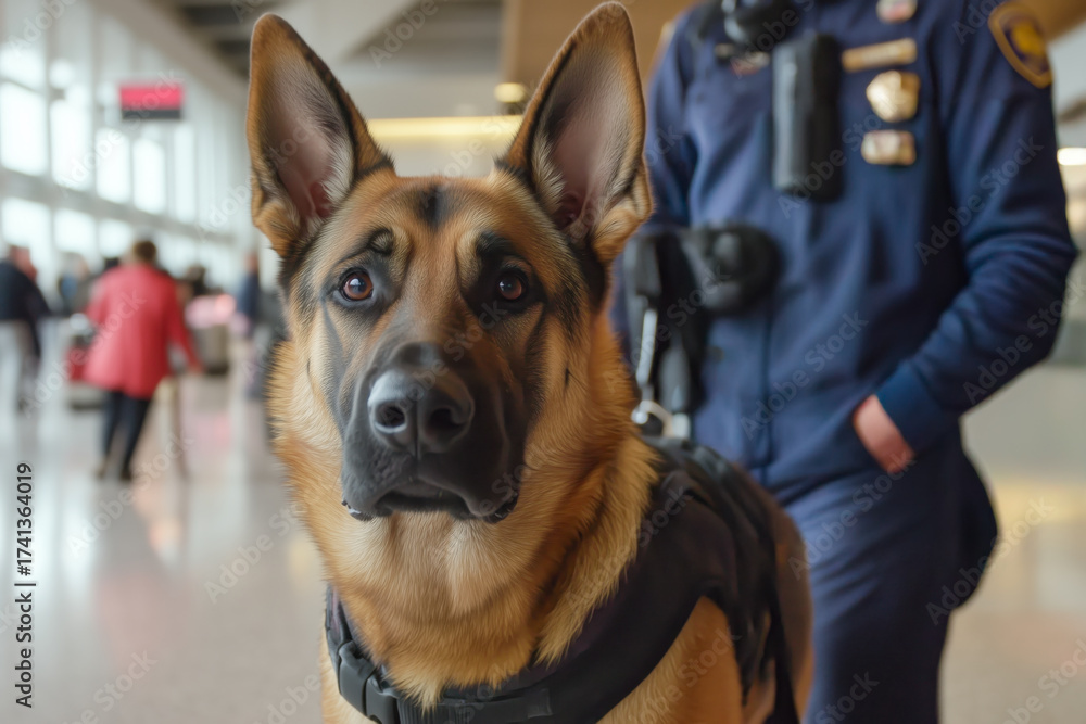 Obraz premium K-9 unit with a security officer, conducting routine checks around the airport terminal